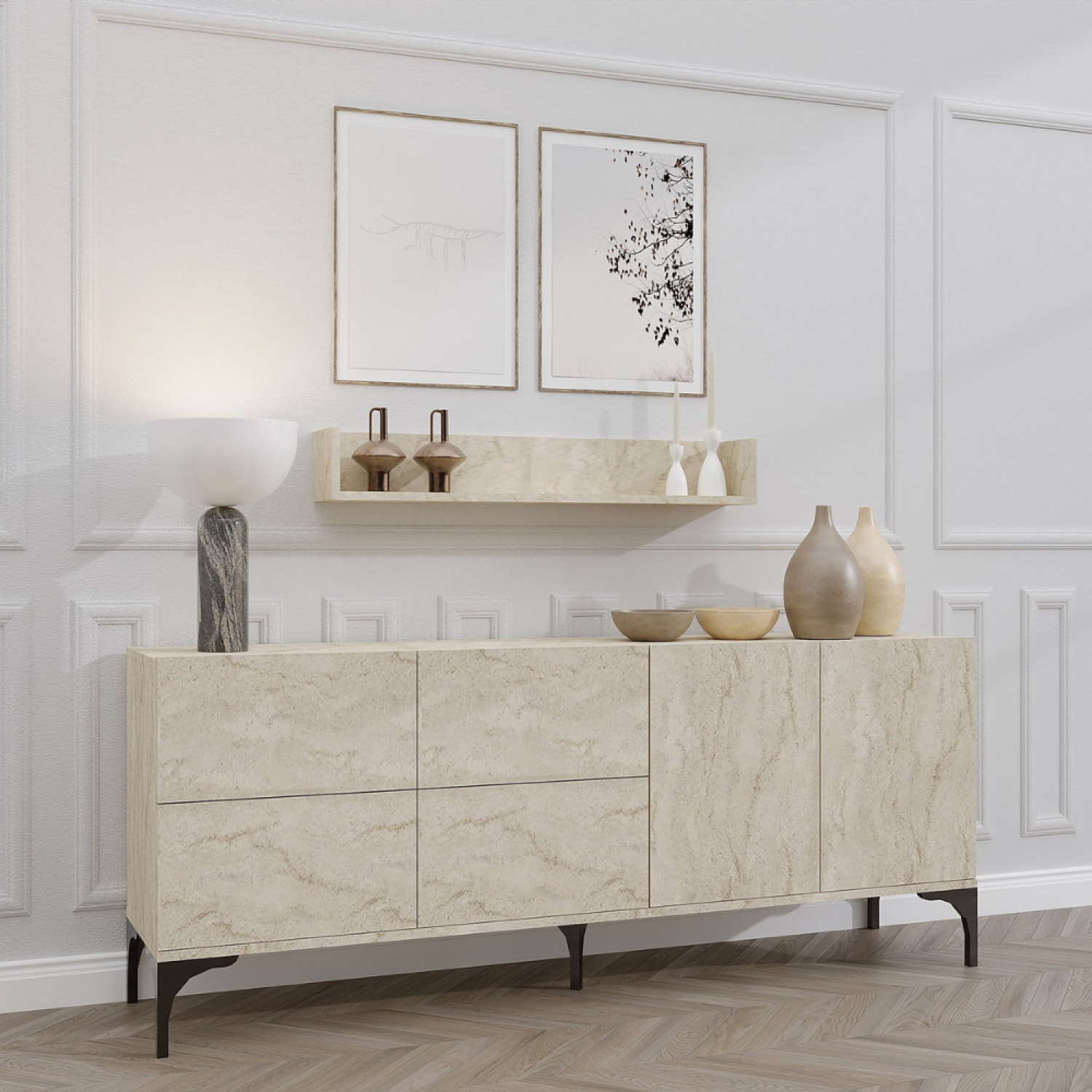 SPRING - Buffet effet travertin 180 cm 6 portes et étagère