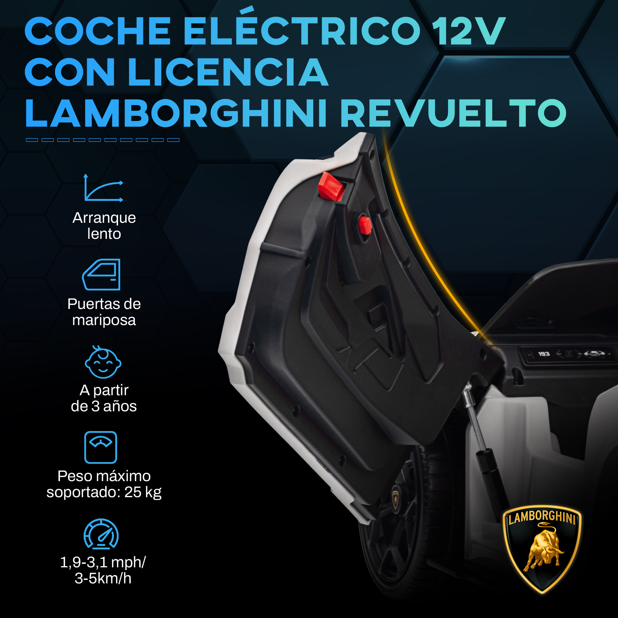 Coche Eléctrico para Niños de +3 Años Lamborghini Revuelto Carro Eléctrico Infantil con Batería 12V Mando a Distancia Faros LED Bocina Música y Ruedas Auxiliares Blanco