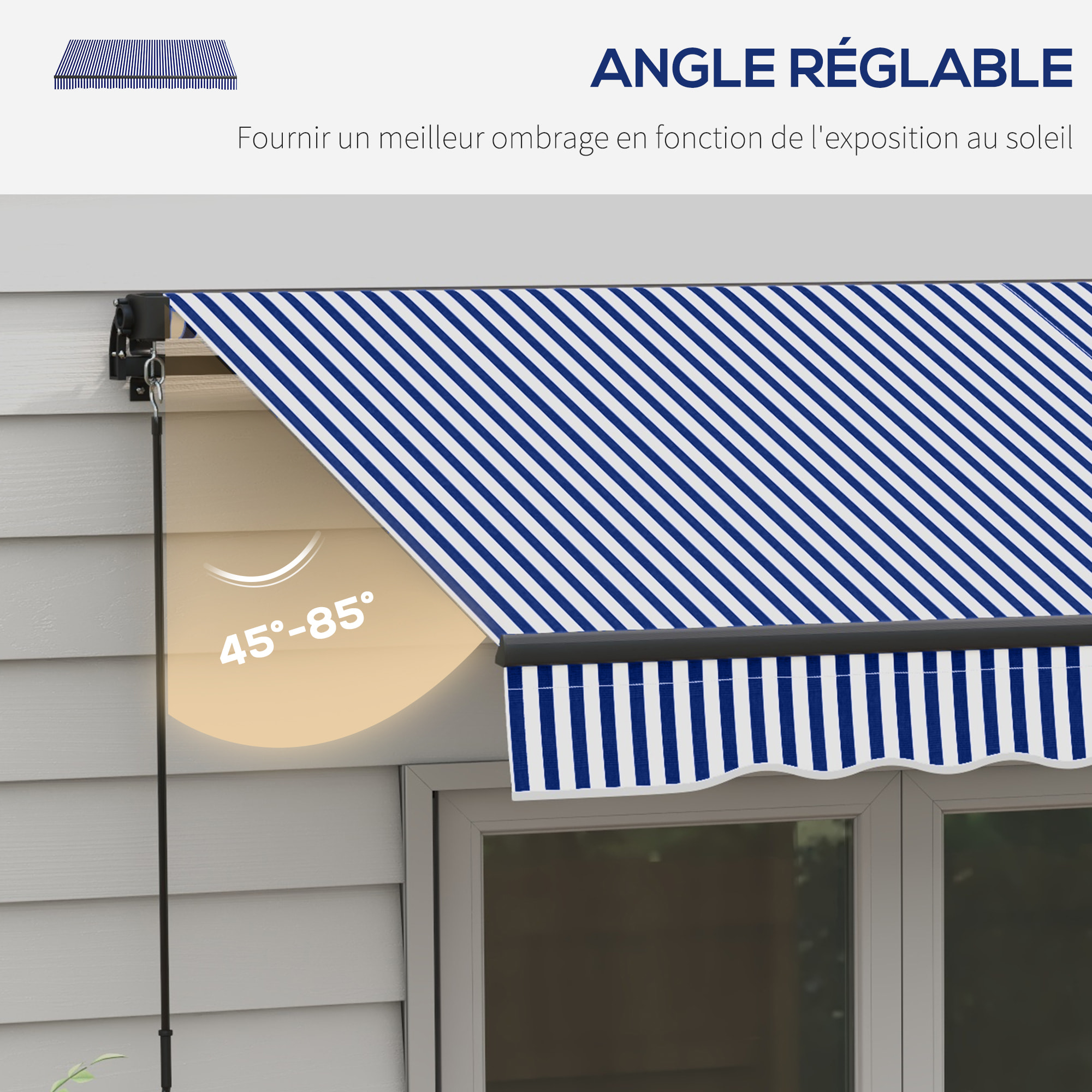 Store banne manuel rétractable inclinaison réglable manivelle alu polyester anti-UV bleu blanc