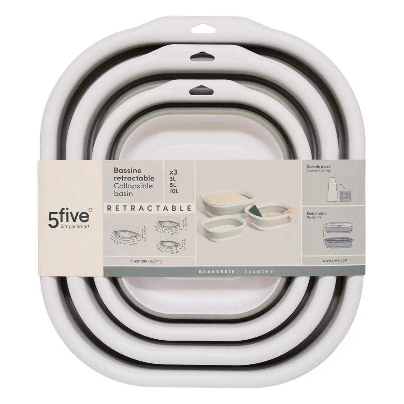 Lot de 3 Bassines Retractable Grises 3+5+10L