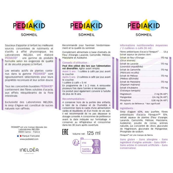 PEDIAKID - Sirop Sommeil - Complément Alimentaire Naturel - Formule Exclusive au Sirop d'Agave - Améliore la Qualité du Sommeil - Favorise l'Endormissement - Arôme Naturel Cerise