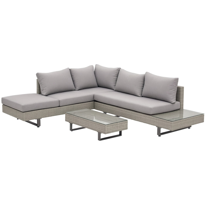 Conjunto de Muebles Ratán de 3 Piezas Mesa de Centro Sofá Doble y Sofá de 3 Plazas con Cojines Extraíbles para Exterior Jardín Terraza Patio Acero Gris