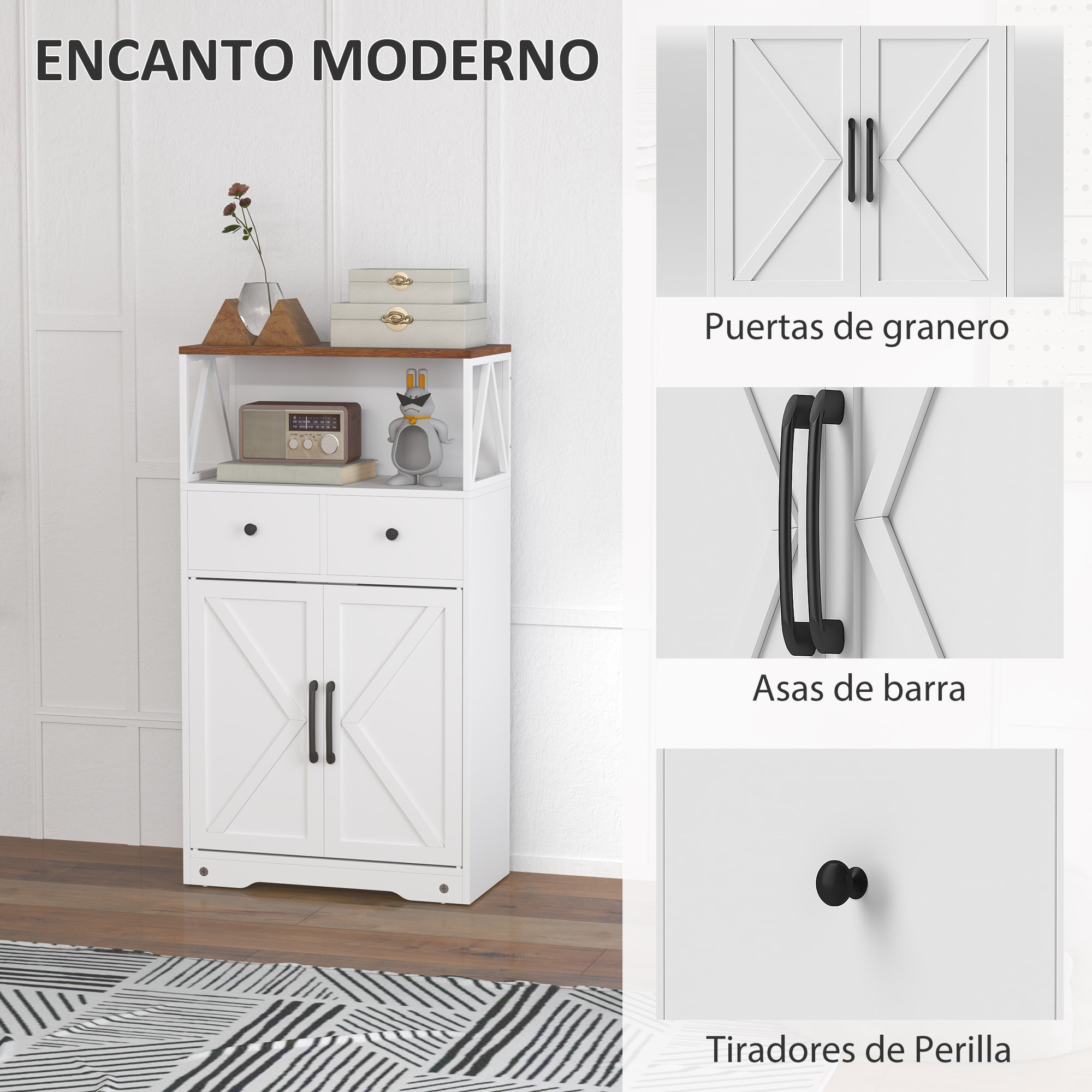 Aparador de Salón Armario Multiusos con Estantes Cajones Puertas Granero Aparador para Cocina Dormitorio 60x31x108 cm Blanco