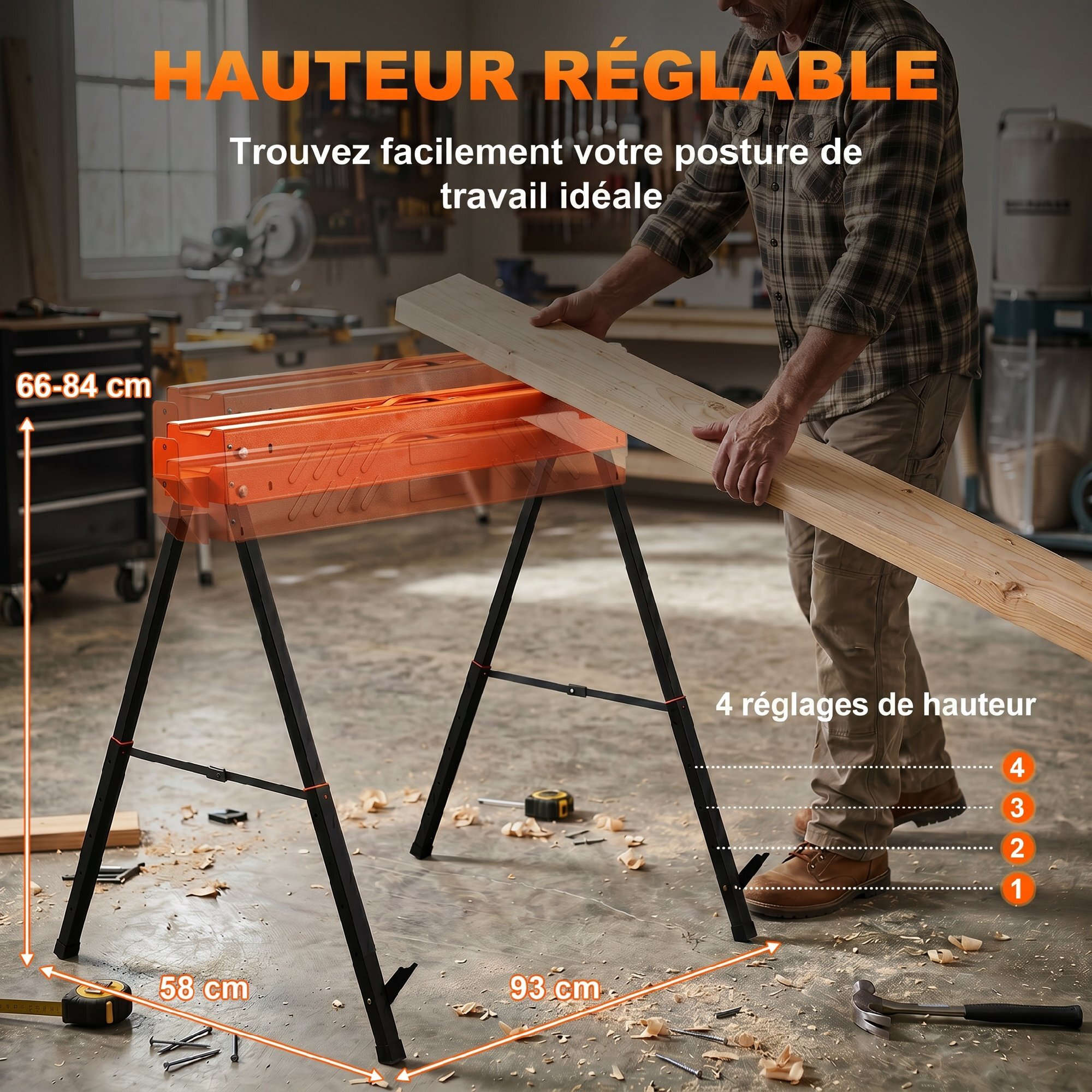 Lot de 2 tréteaux pliables portables télescopiques 71-85cm - 500Kg max. - métal noir orange