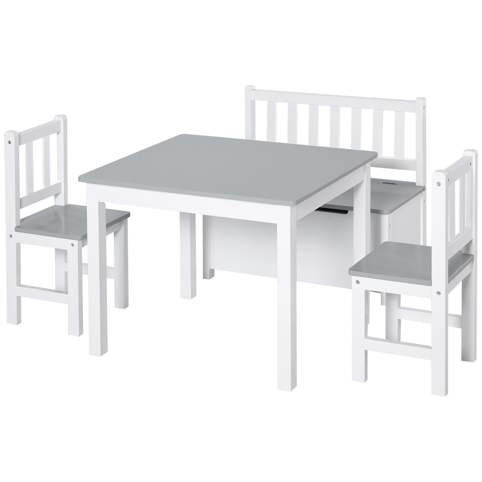 Mesa y Sillas Infantiles de 4 Piezas Mesa Infantil con 2 Sillas y Banco con Almacenaje Juego de Muebles para Actividades para Niños de +3 Años para Dormitorio Sala de Juegos Gris y Blanco