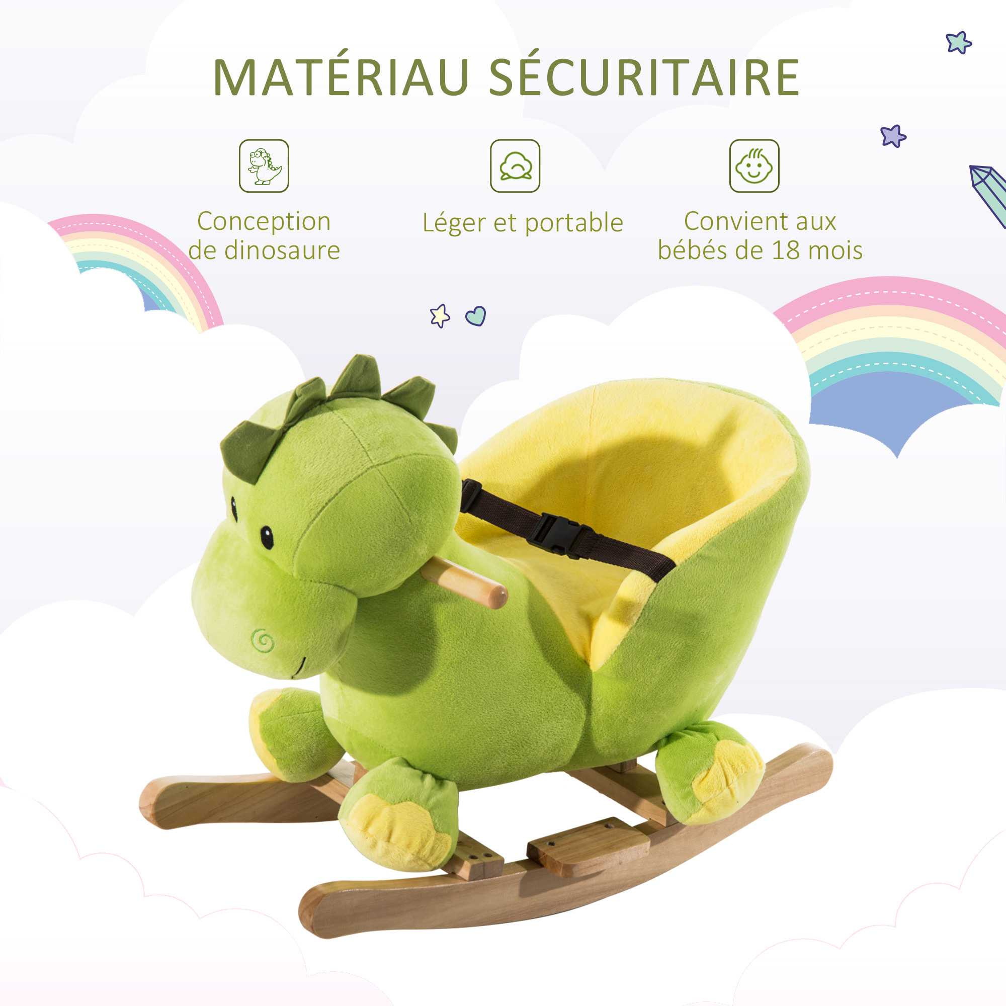 Jouet à bascule dinosaure ceinture de sécurité effet sonore 32 chansons bois peluche verte