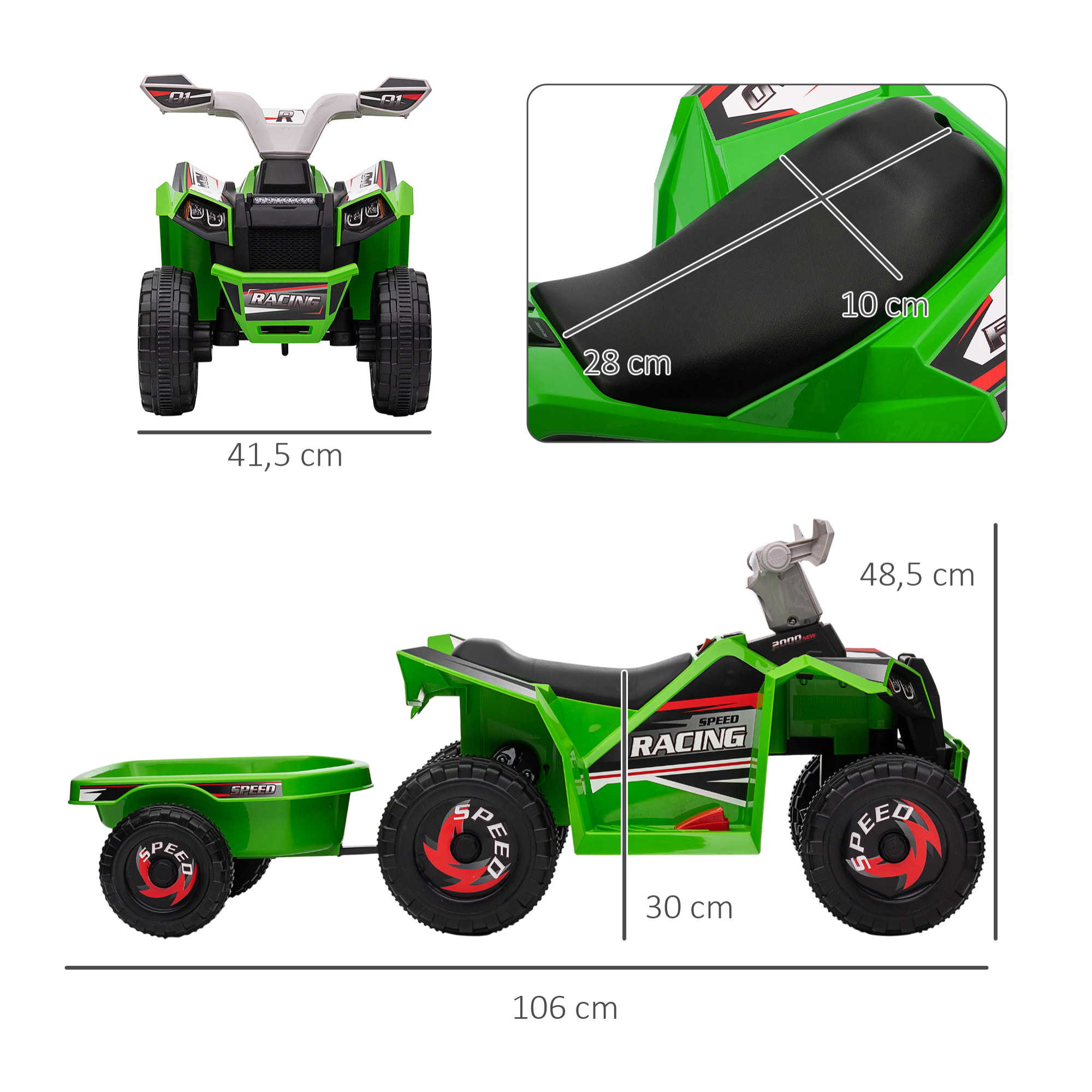 Quad Eléctrico para Niños con Remolque a Batería 6V Coche Eléctrico Cuatrimoto para Niños de 18-36 Meses con Velocidad 2,5 km/h Carga 25 kg 106x41,5x48,5 cm Verde