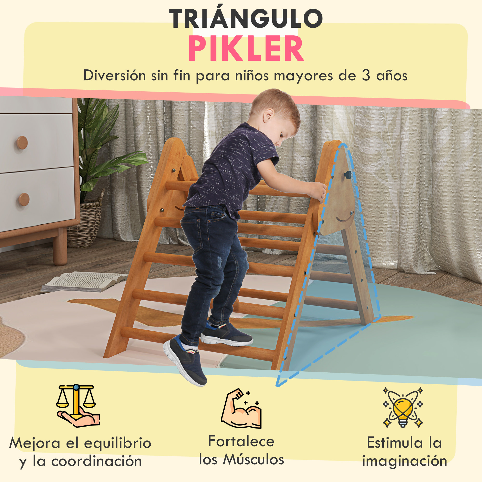 Triángulo Escalada para Niños de +3 Años Triángulo de Aprendizaje Plegable Triángulo de Madera Gimnasio de Juegos Interior Carga 50 kg 90x64x70 cm Marrón