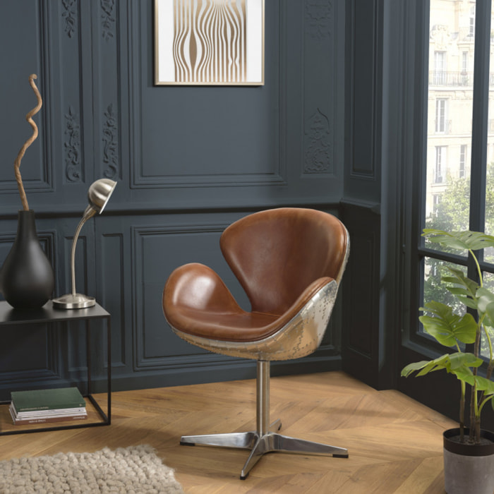 GASTON - Fauteuil marron NEVADA vintage cuir pied aluminium