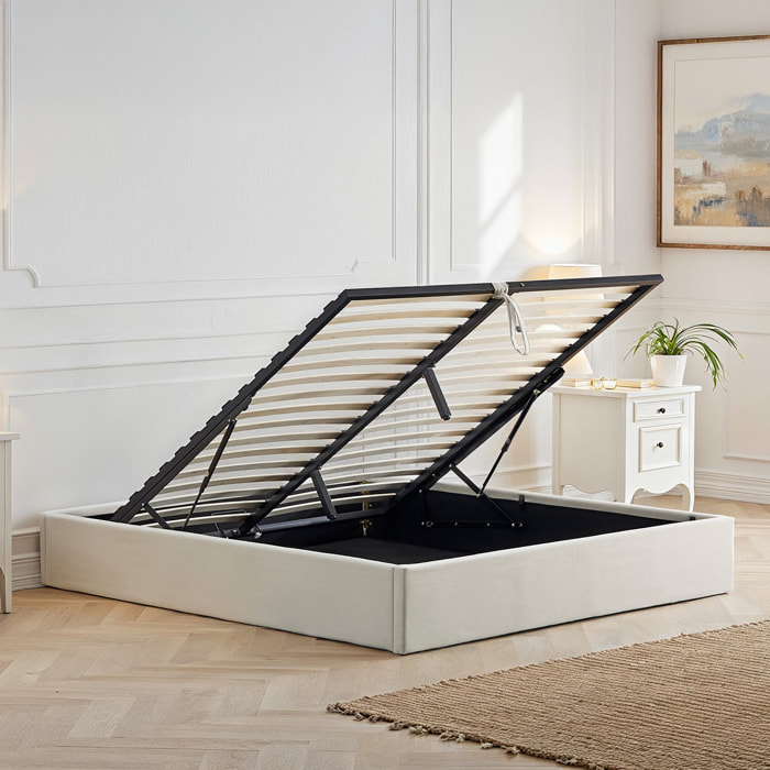 Lit Coffre Atlas en Tissu Beige, Grand espace de rangement, Sommier à Lattes actives, Structure Robuste, Design Moderne
