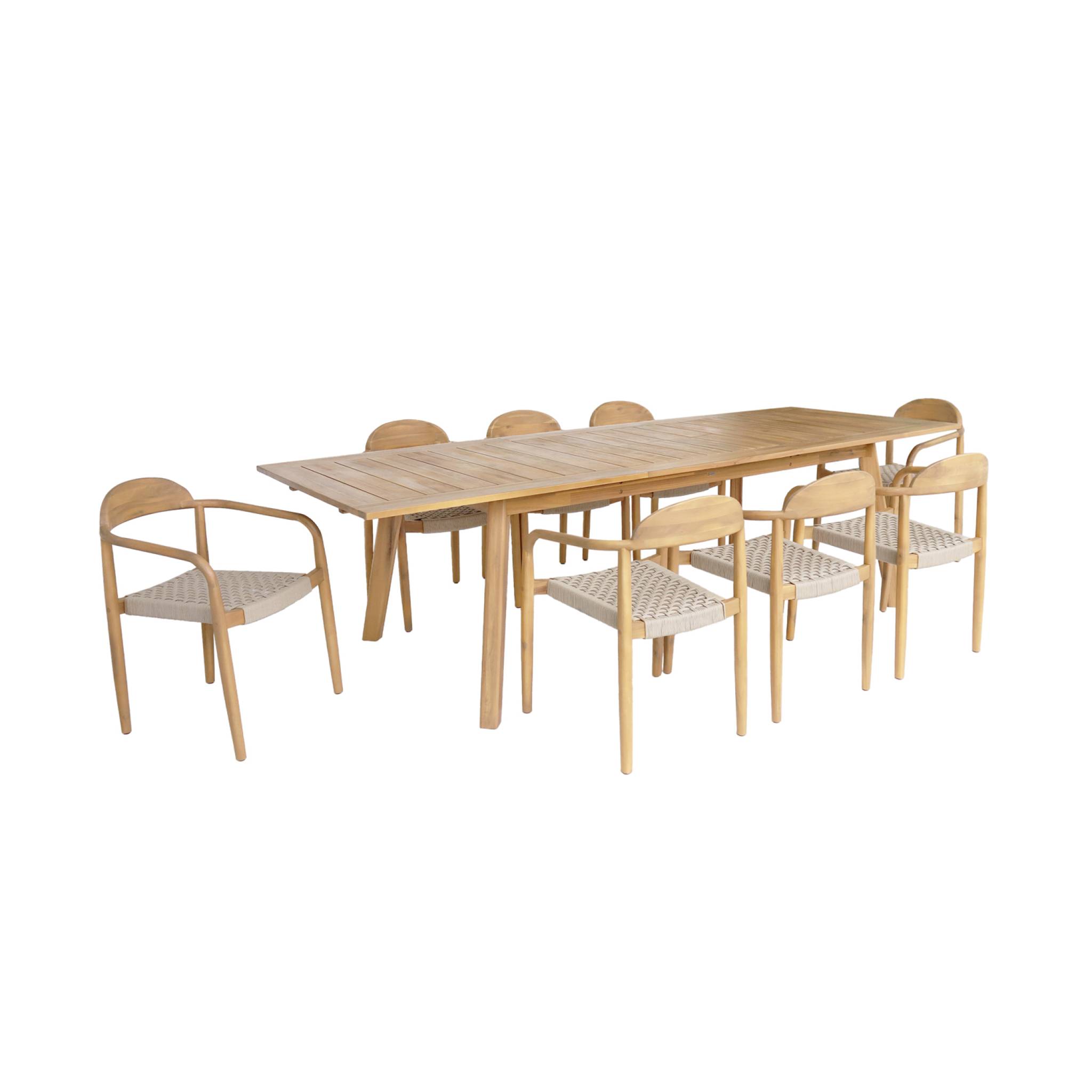 Table de jardin extensible bois d'acacia + 8 assises PALENA et CERINA  naturel et beige 275 x 100 x 75 cm
