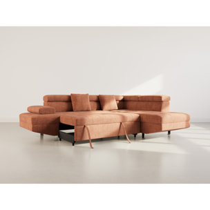 Margaux - Canapé d'angle droit 5 places convertible avec coffre et têtières réglables en velours texturé - Terracotta