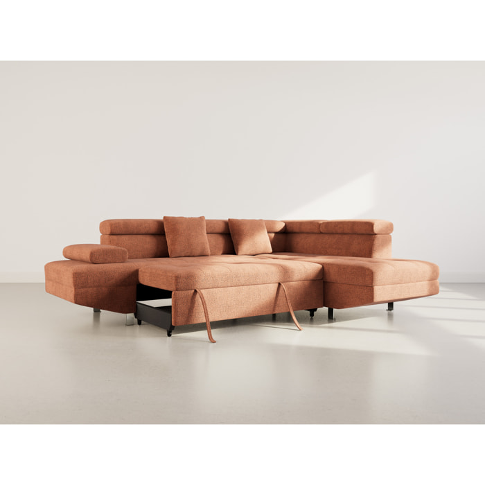Margaux - Canapé d'angle droit 5 places convertible avec coffre et têtières réglables en velours texturé - Terracotta