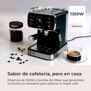 EVVO Cafetera Express Intensa 30. panel táctil a color. 20 bares de presion. Espressos y Capuccinos. 1350W. Doble salida. portafiltros. Depósito de 1.5 l