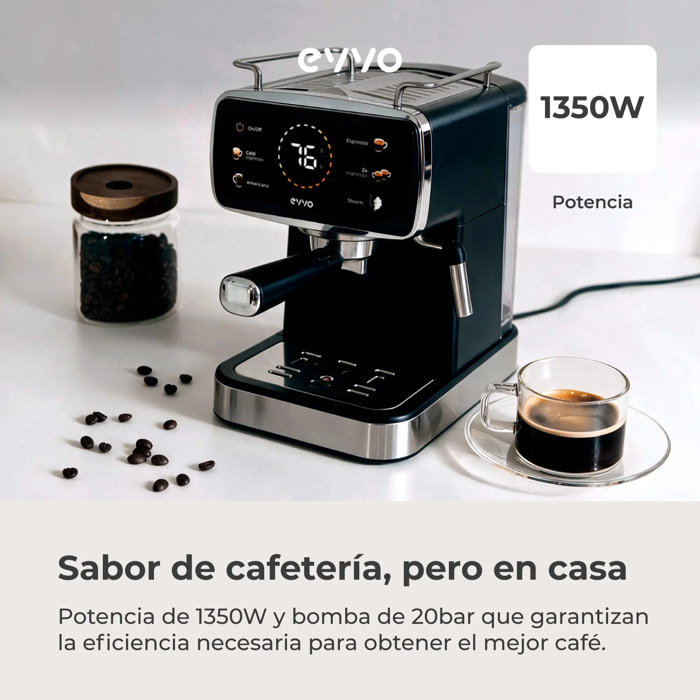 EVVO Cafetera Express Intensa 30. panel táctil a color. 20 bares de presion. Espressos y Capuccinos. 1350W. Doble salida. portafiltros. Depósito de 1.5 l