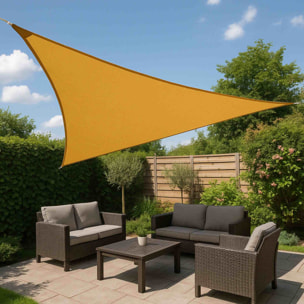 Triángulo de tela para sombra en poliéster amarillo ocre ganchos de metal y bolsa con cremallera