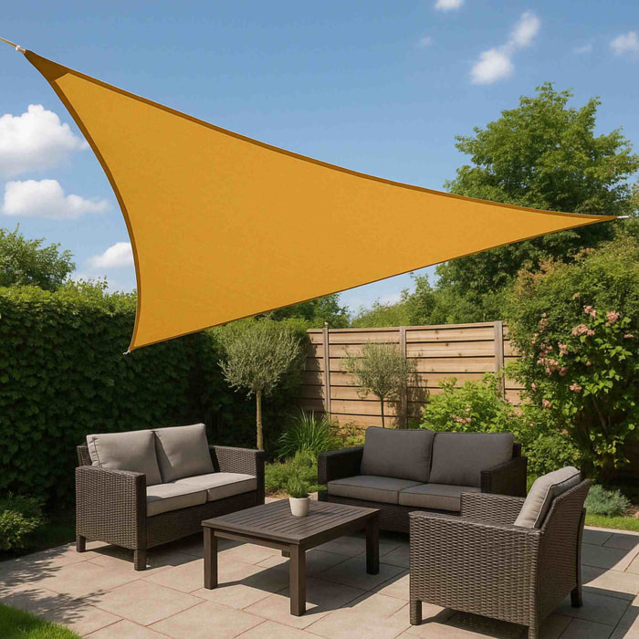 Triángulo de tela para sombra en poliéster amarillo ocre ganchos de metal y bolsa con cremallera