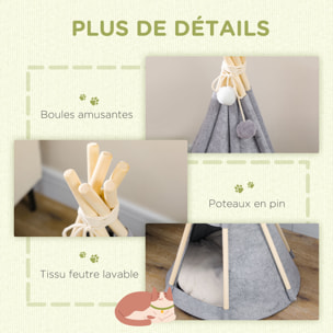 Tente tipi pour animaux - teepee chien chat - coussin épais grand confort inclus - structure bois de pin feutre polyester gris