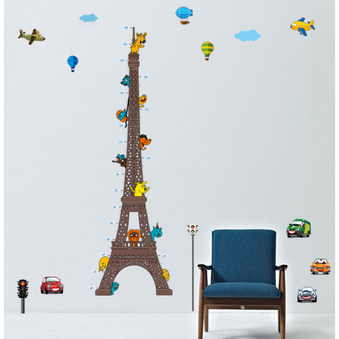 Stickers Muraux décoration adhésifs toise Tour Eiffel pour enfants avec animaux et avions