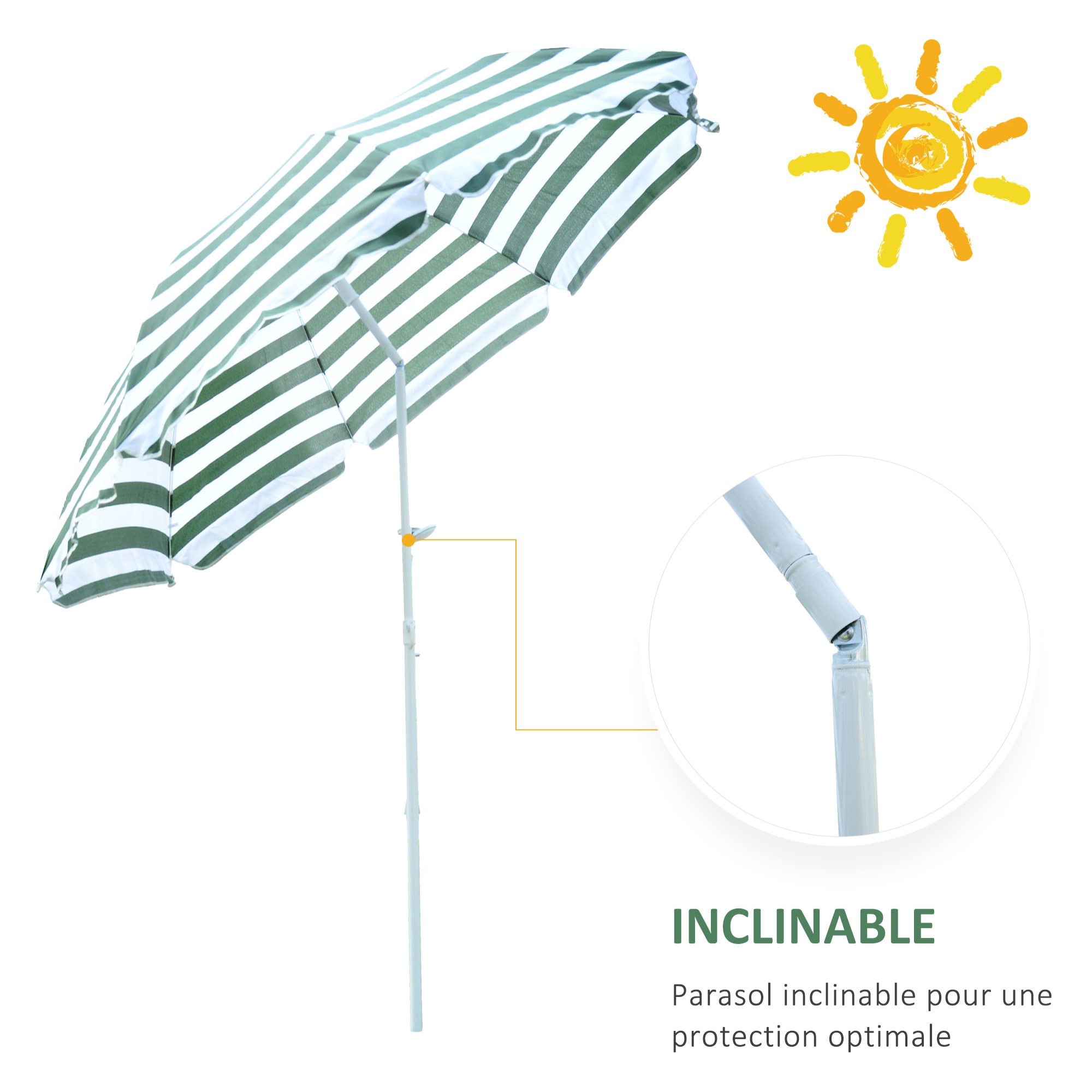 Parasol inclinable octogonal de plage Ø 180 cm tissu polyester haute densité anti-UV mât démontable vert blanc rayé