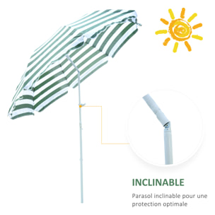 Parasol inclinable octogonal de plage Ø 180 cm tissu polyester haute densité anti-UV mât démontable vert blanc rayé