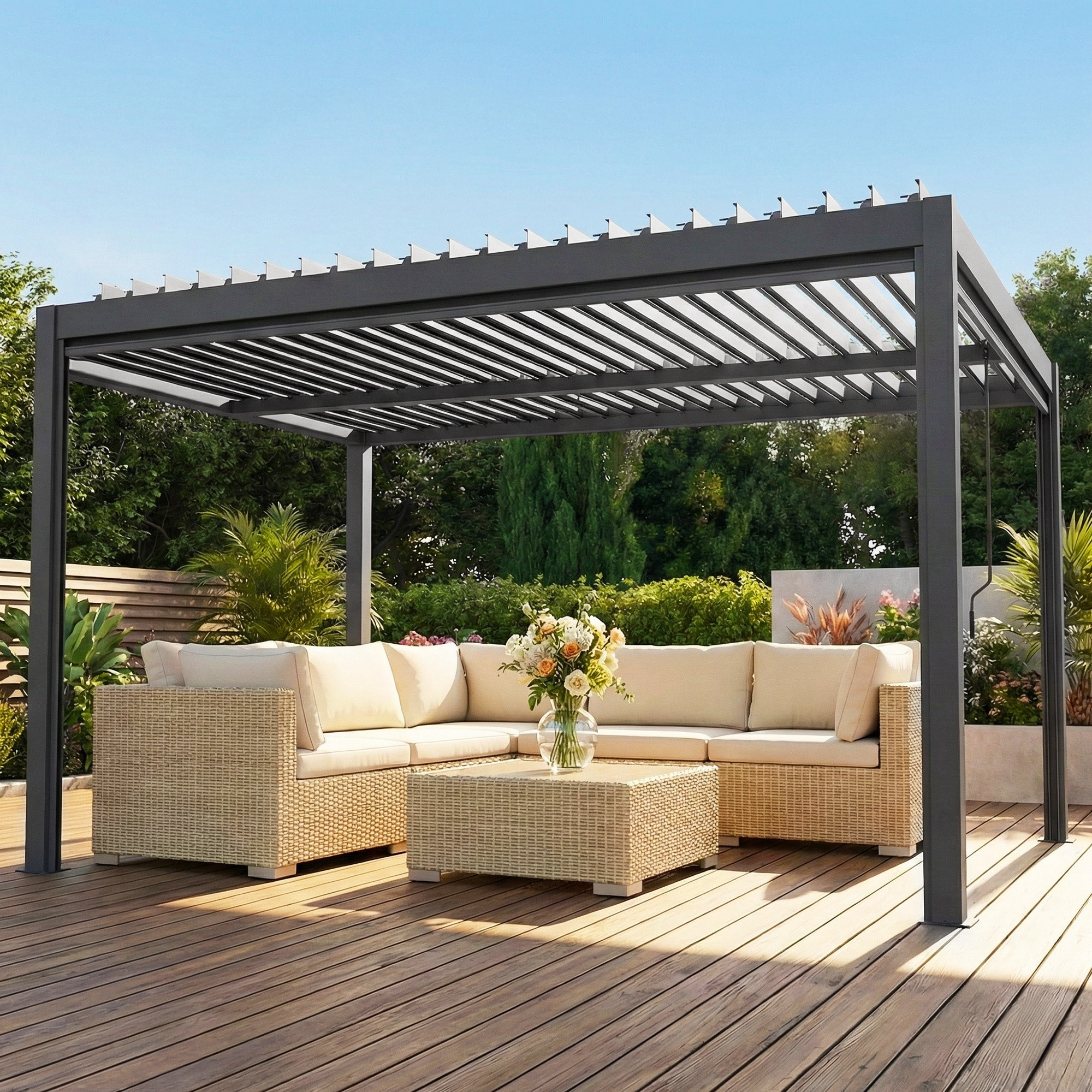 Pergola bioclimatique lames orientables stores latéraux aluminium gris