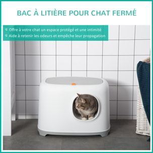 Maison de toilette litière pour chat - porte, couvercle ouvrant  - pelle incluse - blanc gris clair