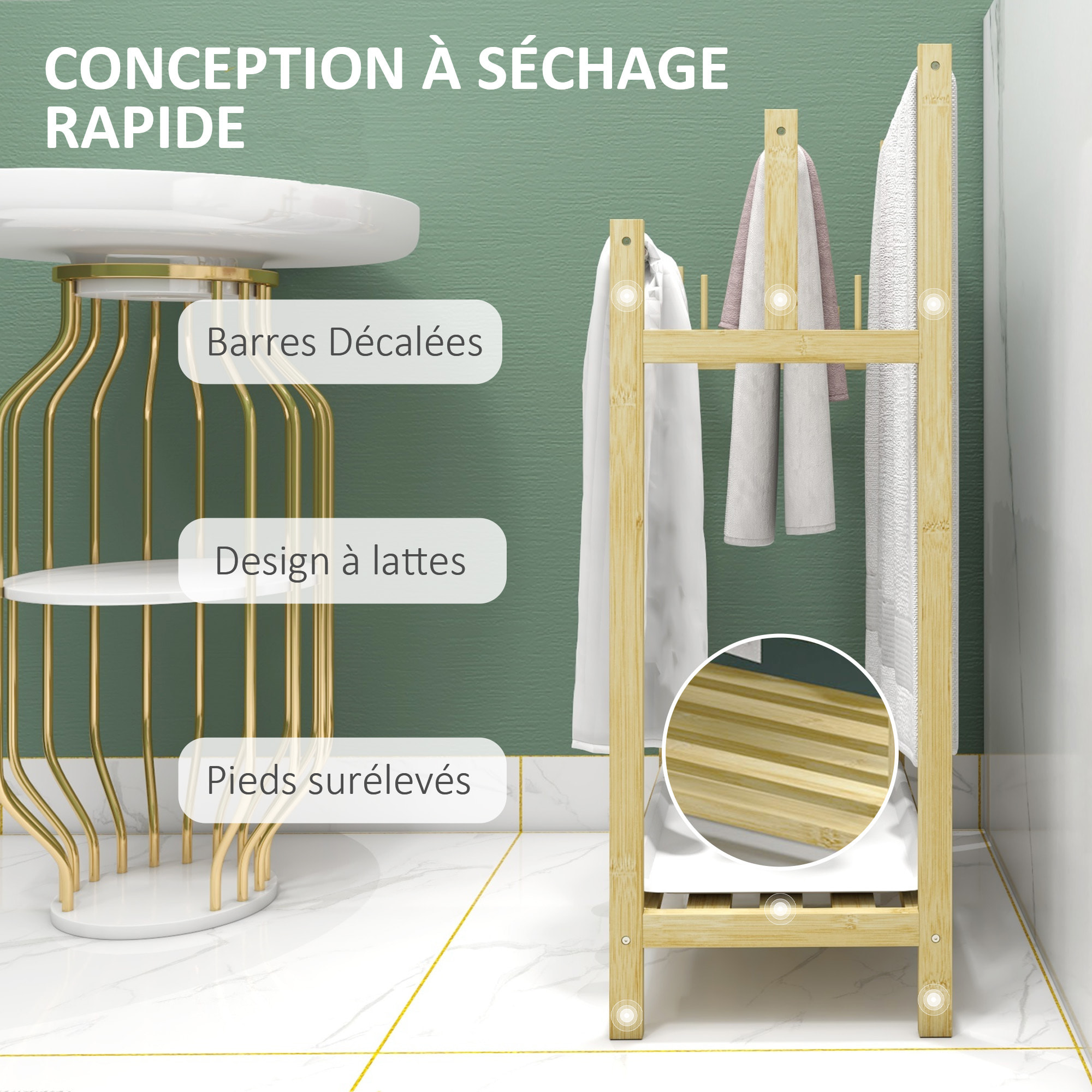 Porte-serviettes style cosy naturel - 3 barres, étagère, plateau, 4 crochets acier inox. bambou verni