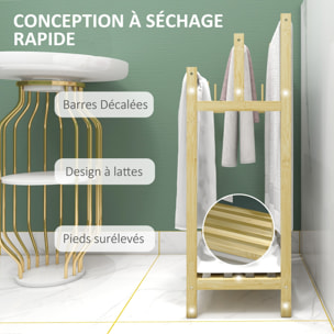 Porte-serviettes style cosy naturel - 3 barres, étagère, plateau, 4 crochets acier inox. bambou verni