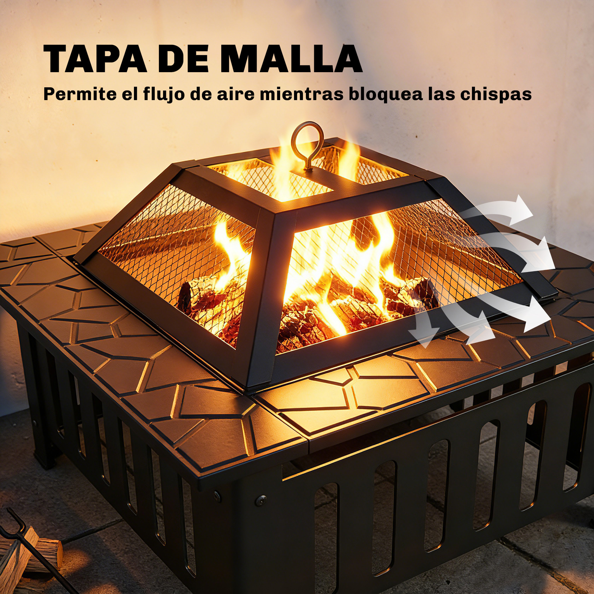 Brasero Exterior de Acero Cuadrado, 67x67x47 cm, Brasero Exterior Jardín con Atizador, Tapa de Malla, para Terraza, Camping, Fiesta, Negro