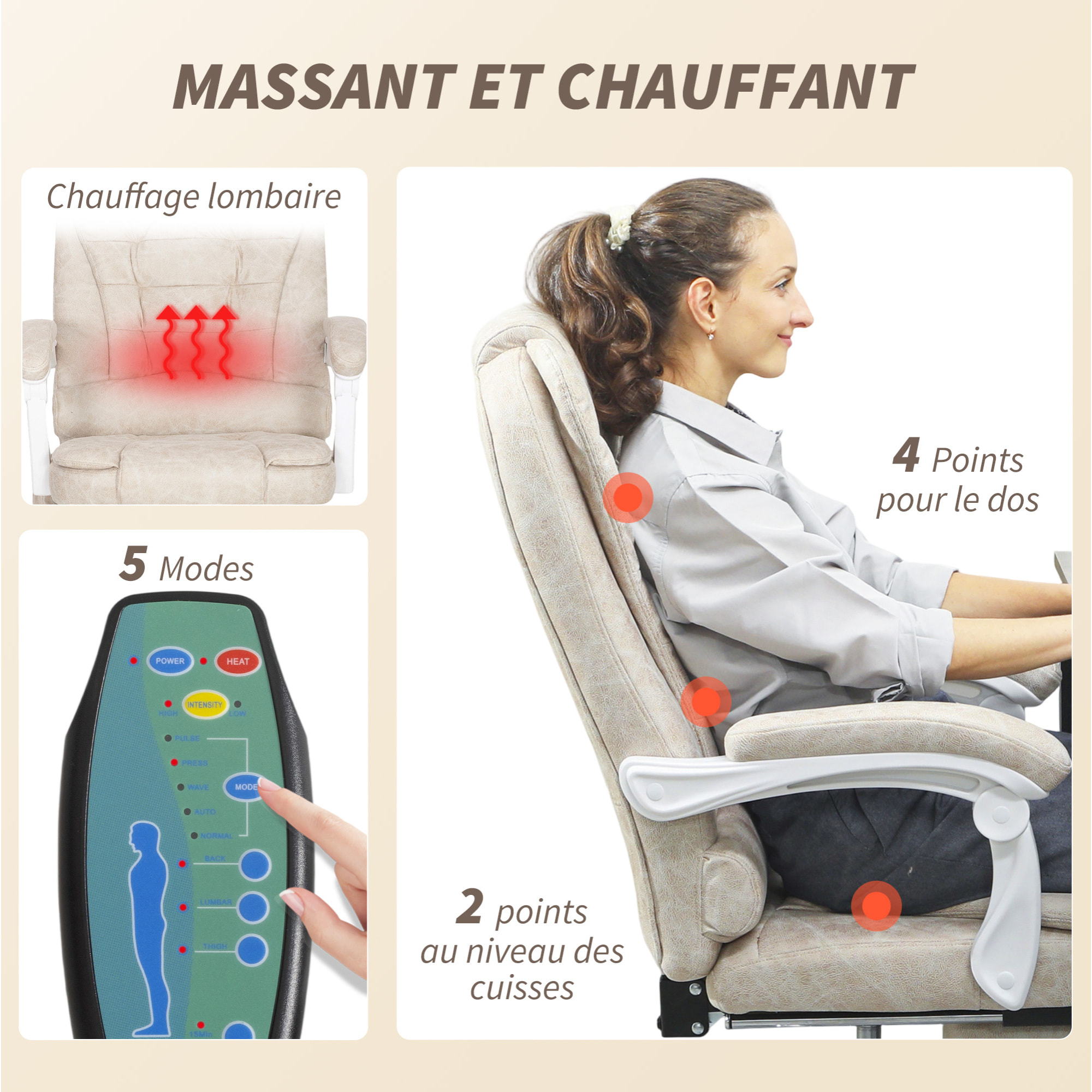 Fauteuil de bureau direction massant chauffant hauteur réglable dossier inclinable tissu beige