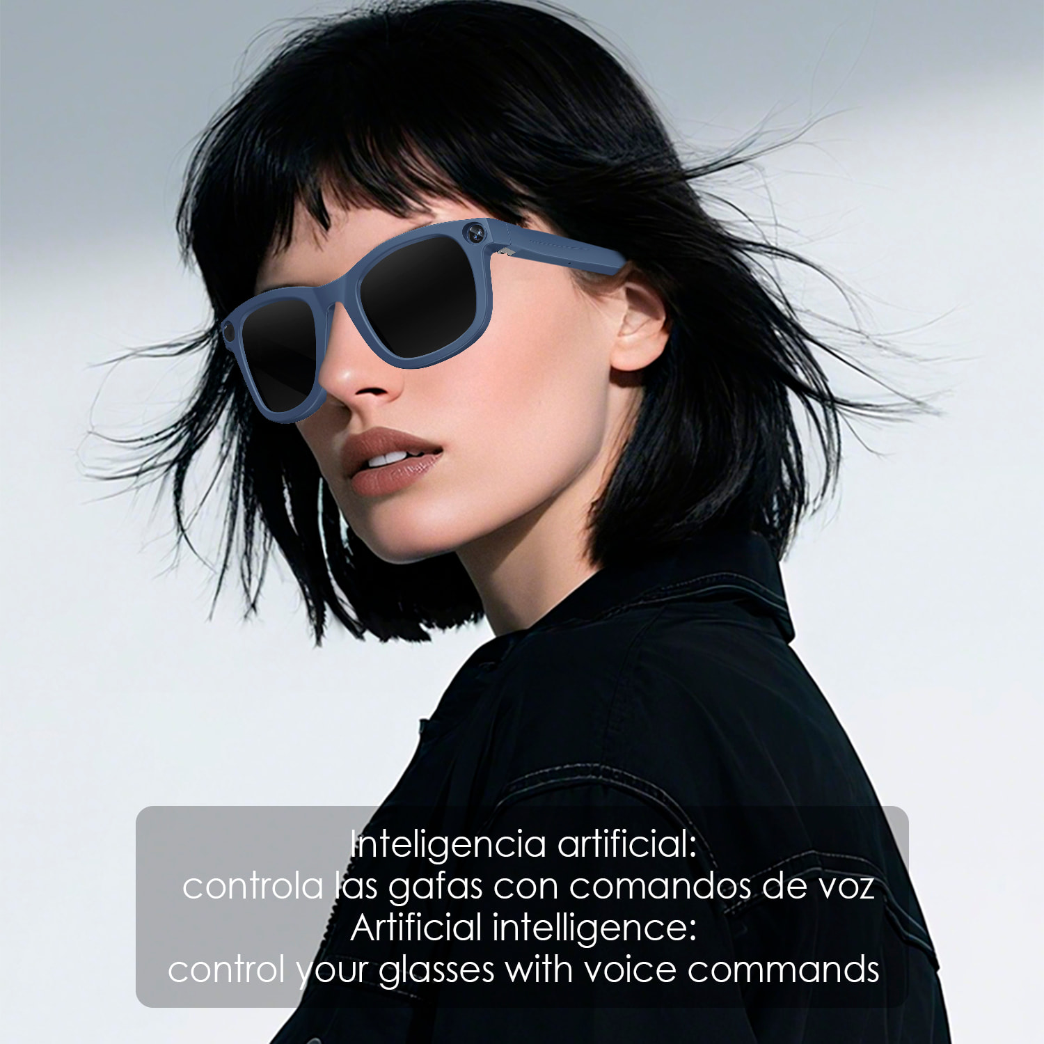 Occhiali intelligenti E3. Con fotocamera da 8MPX, video in 1080p, traduttore AI in tempo reale e controllo della musica/chiamate. Con lenti scure e trasparenti.