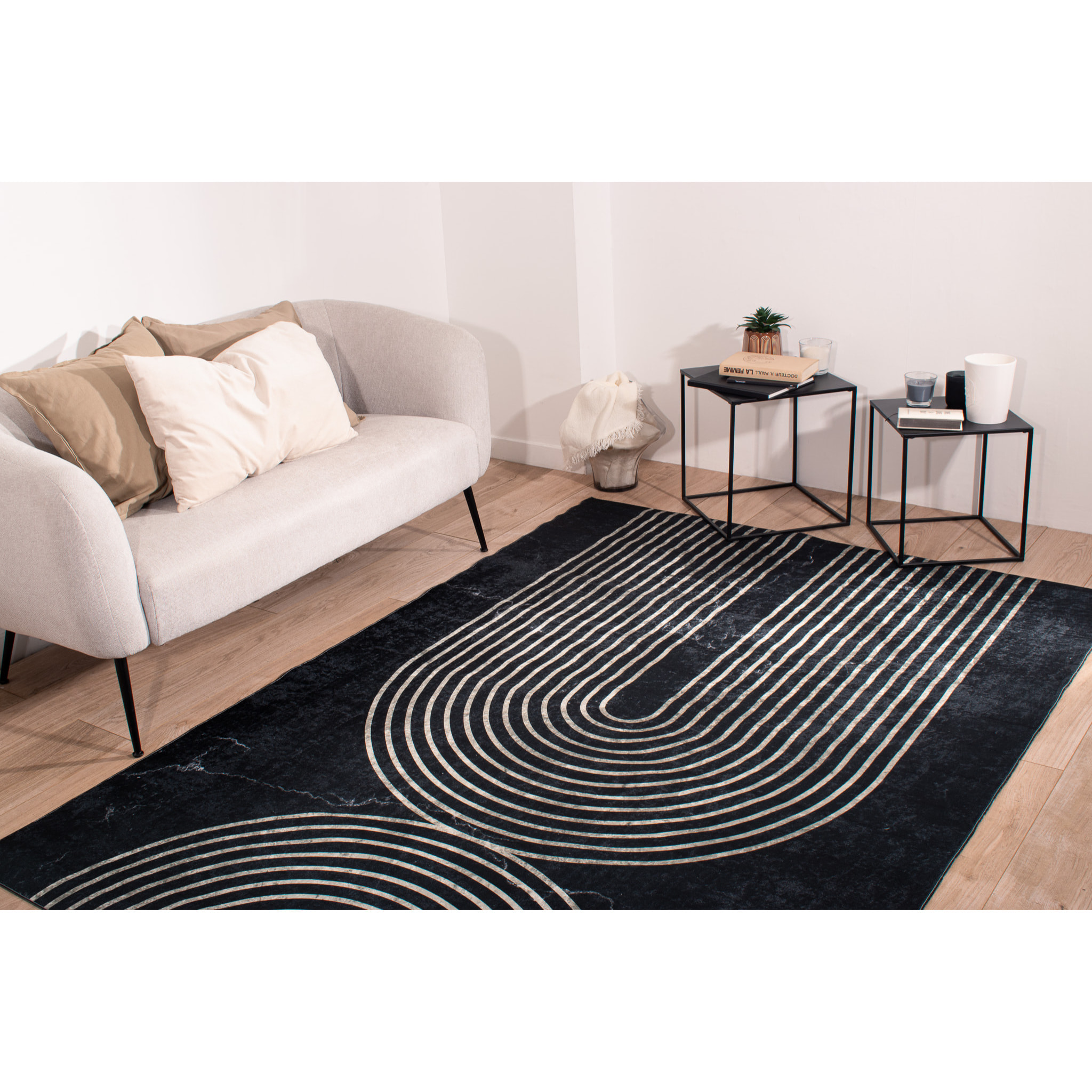 STAMPA - Tapis salon motif moderne arc antidérapant et lavable en machine à 30°C noir