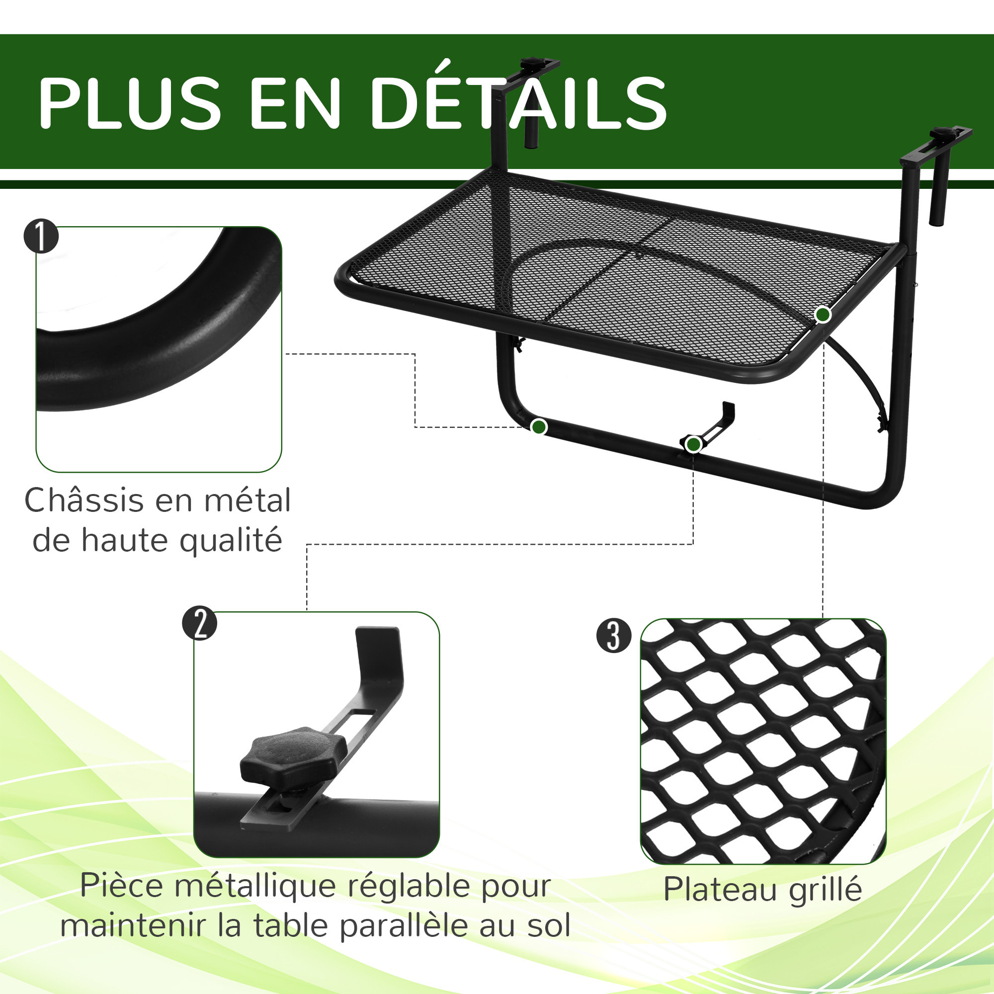 Table suspendue pour balcon dim. 60L x 56,5l cm hauteur réglable 3 niveaux métal époxy noir