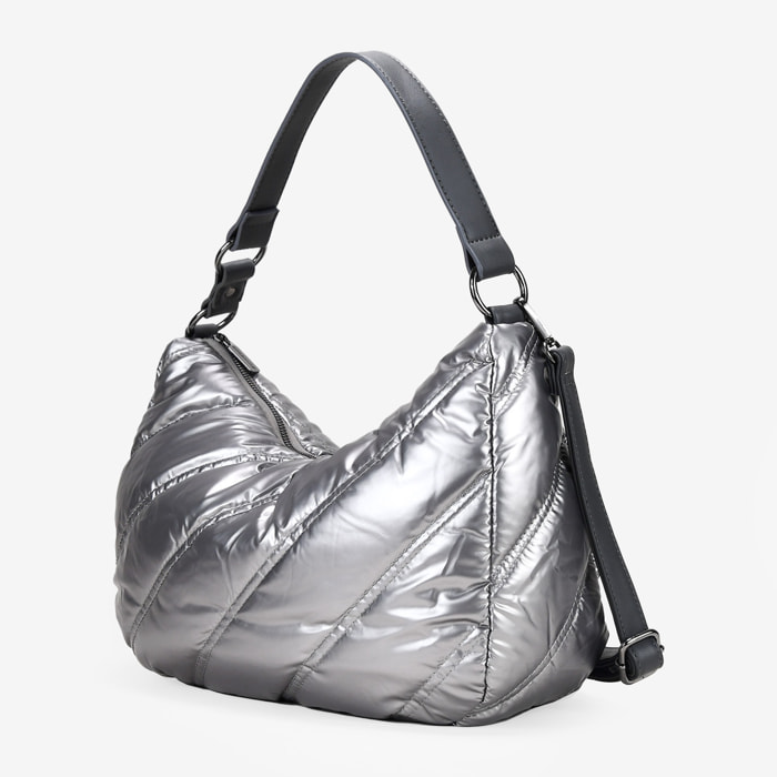 Bolso de hombro media luna plomo con cosido acolchado