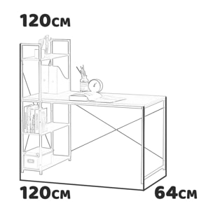 Dunkan - scrivania in legno e metallo con libreria a 3 ripiani - 120x64x120 cm