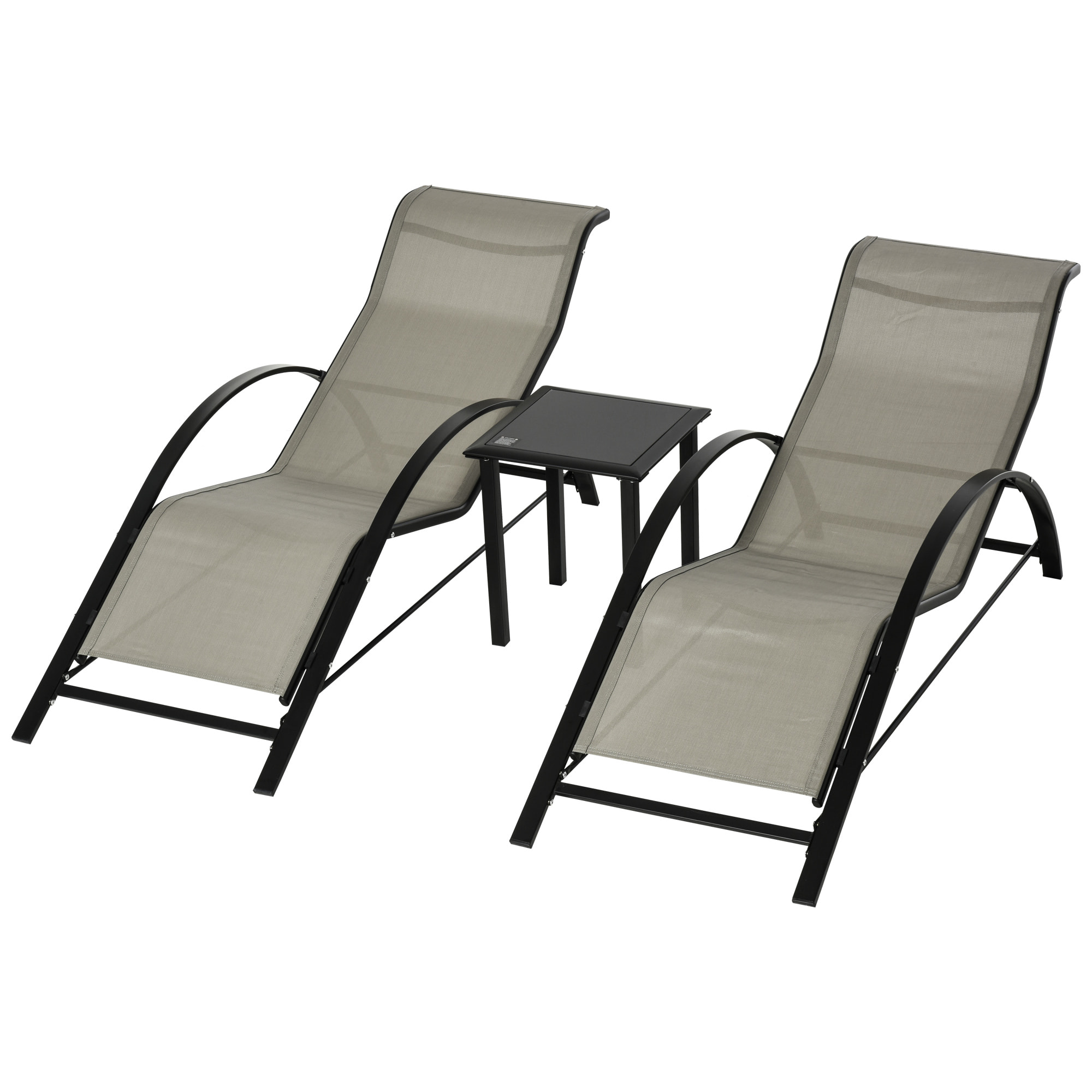 Set de 2 Tumbonas Jardín Exterior con Mesa Auxiliar de Vidrio Templado Tumbonas con Respaldo Reposabrazos para Patio Piscina Terraza Exterior Gris