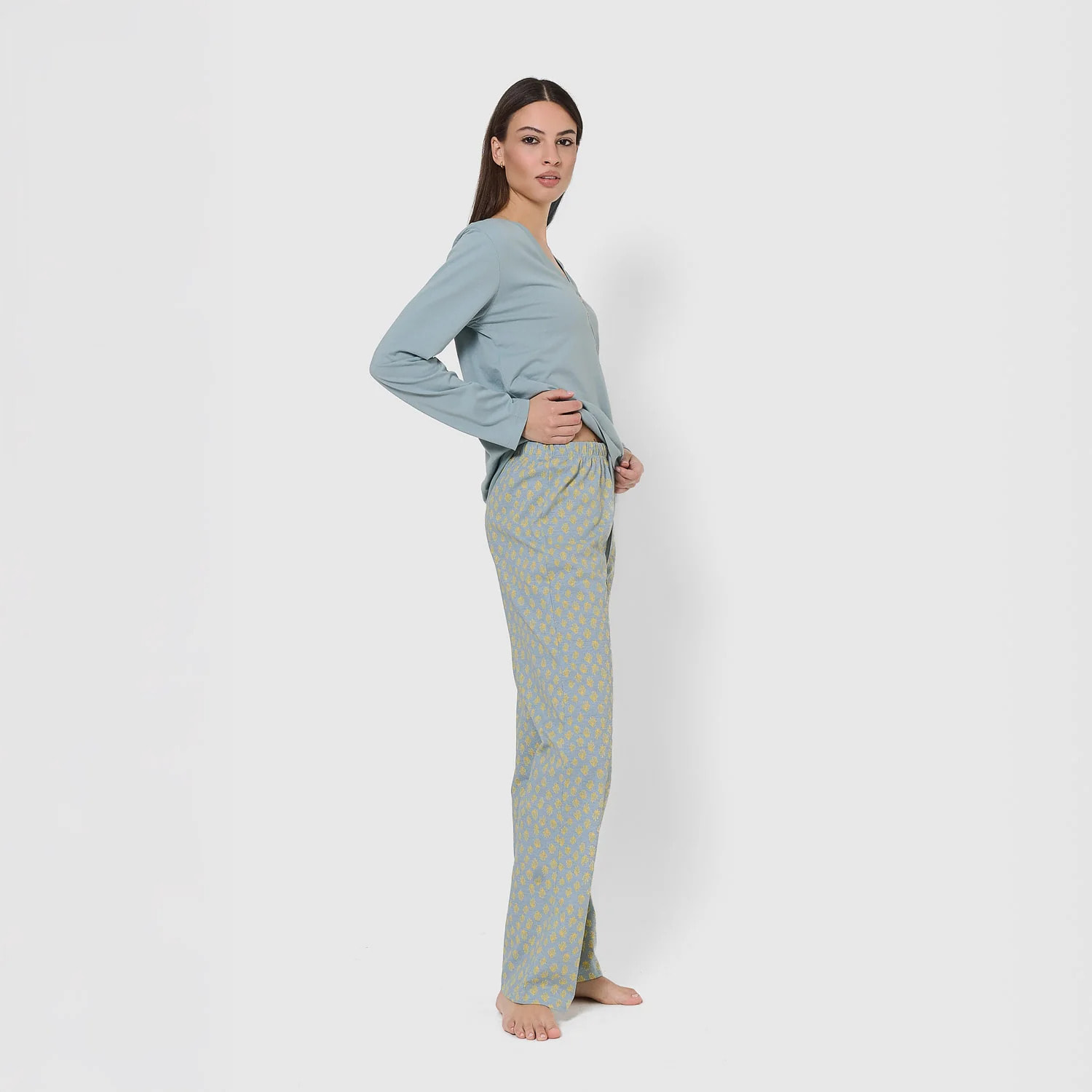 Pigiama lungo in cotone con scollo a v, eladia blu acqua