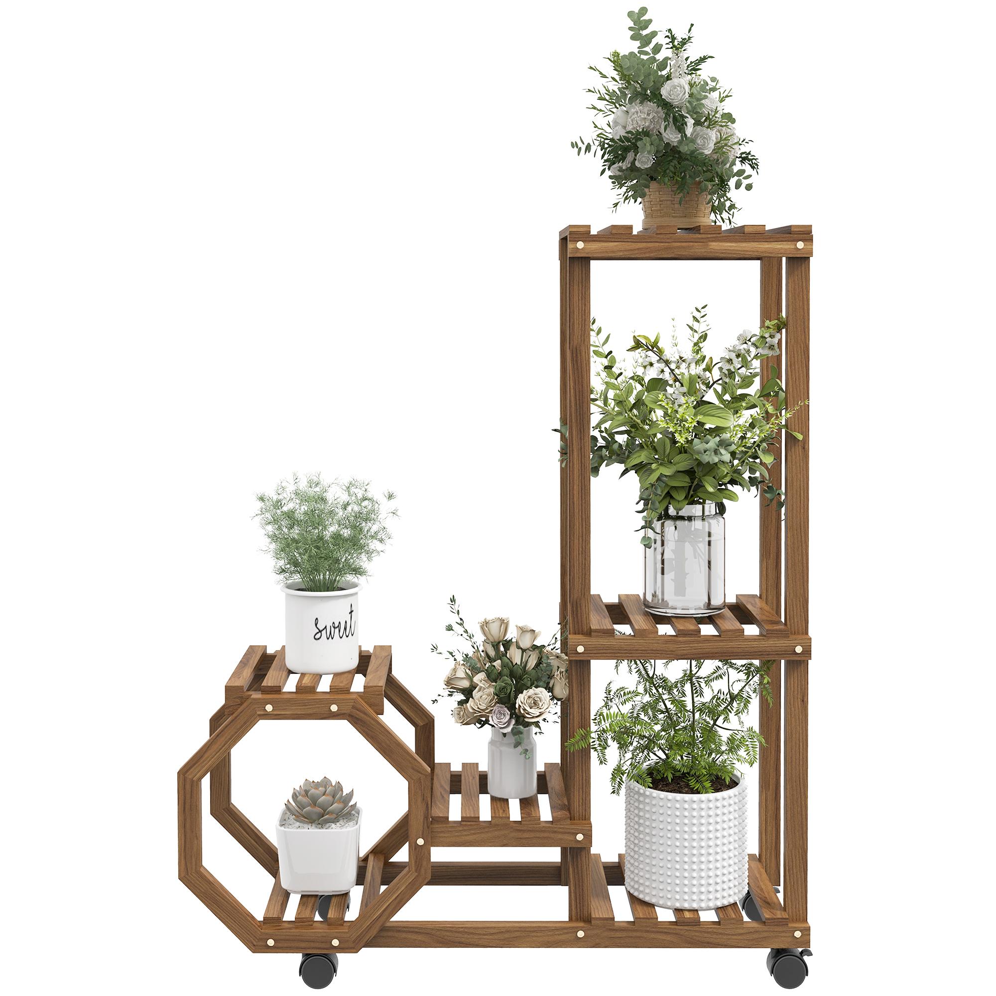 Estantería para Plantas de 5 Niveles Soporte para Macetas de Madera Soporte para Plantas con Ruedas para Interiores y Exteriores 86x30x102 cm Carbonizado