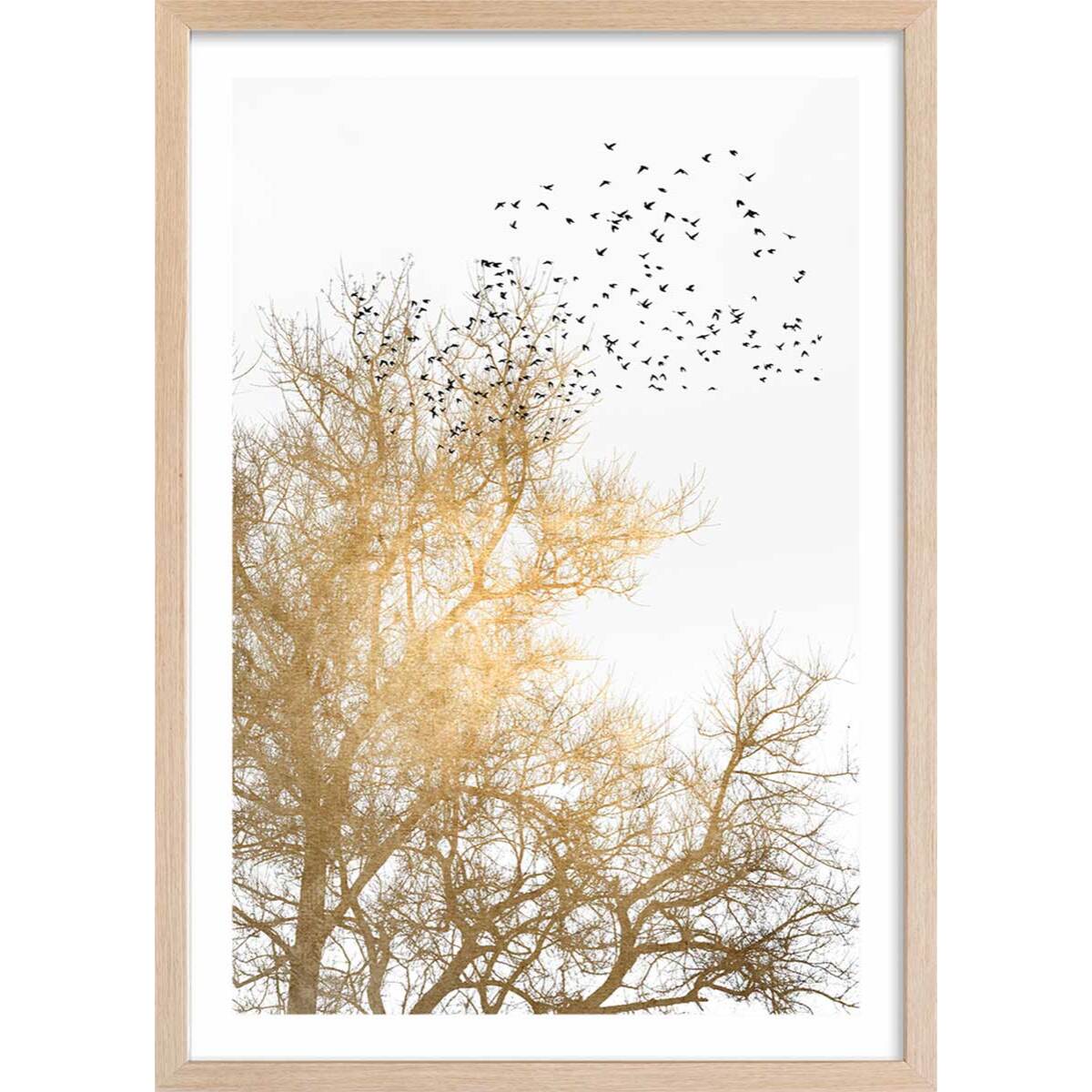 Affiche dessin ""Ciel d'or"" Affiche + cadre en bois - Chêne