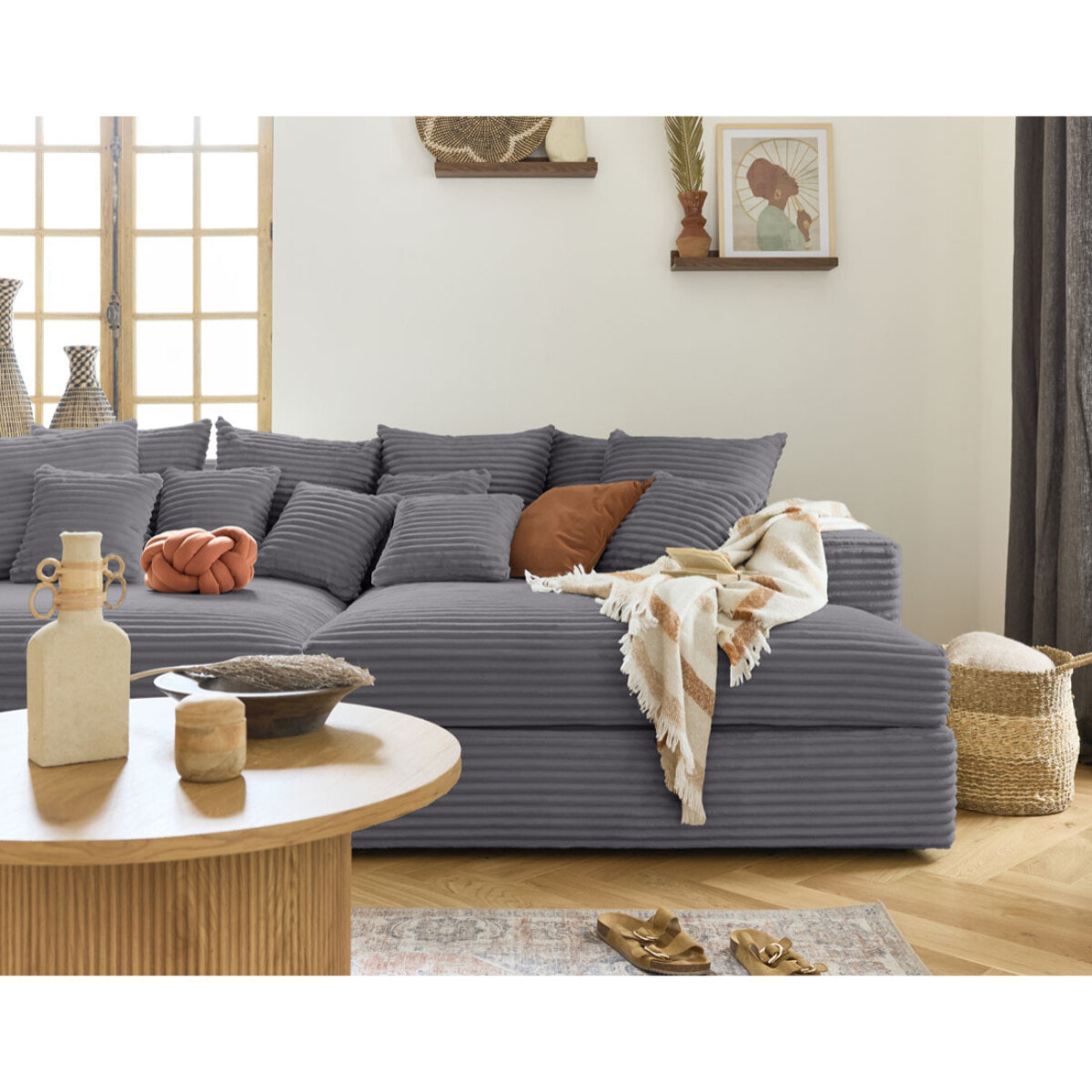 Collins - canapé droit 4 places avec double méridienne - assise profonde - velours côtelé grosses côtes - Gris