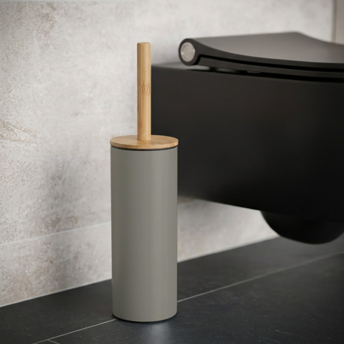 Brosse wc avec support Acier & Bambou ADONIS Taupe mat - Poils résistants en silicone Spirella