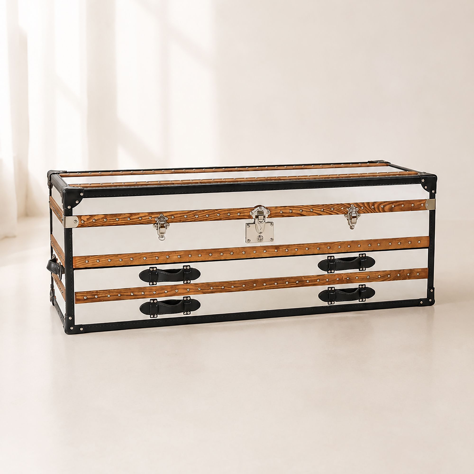 Commode basse 1 coffre 2 tiroirs en acier inoxydable et cuir ILIADE