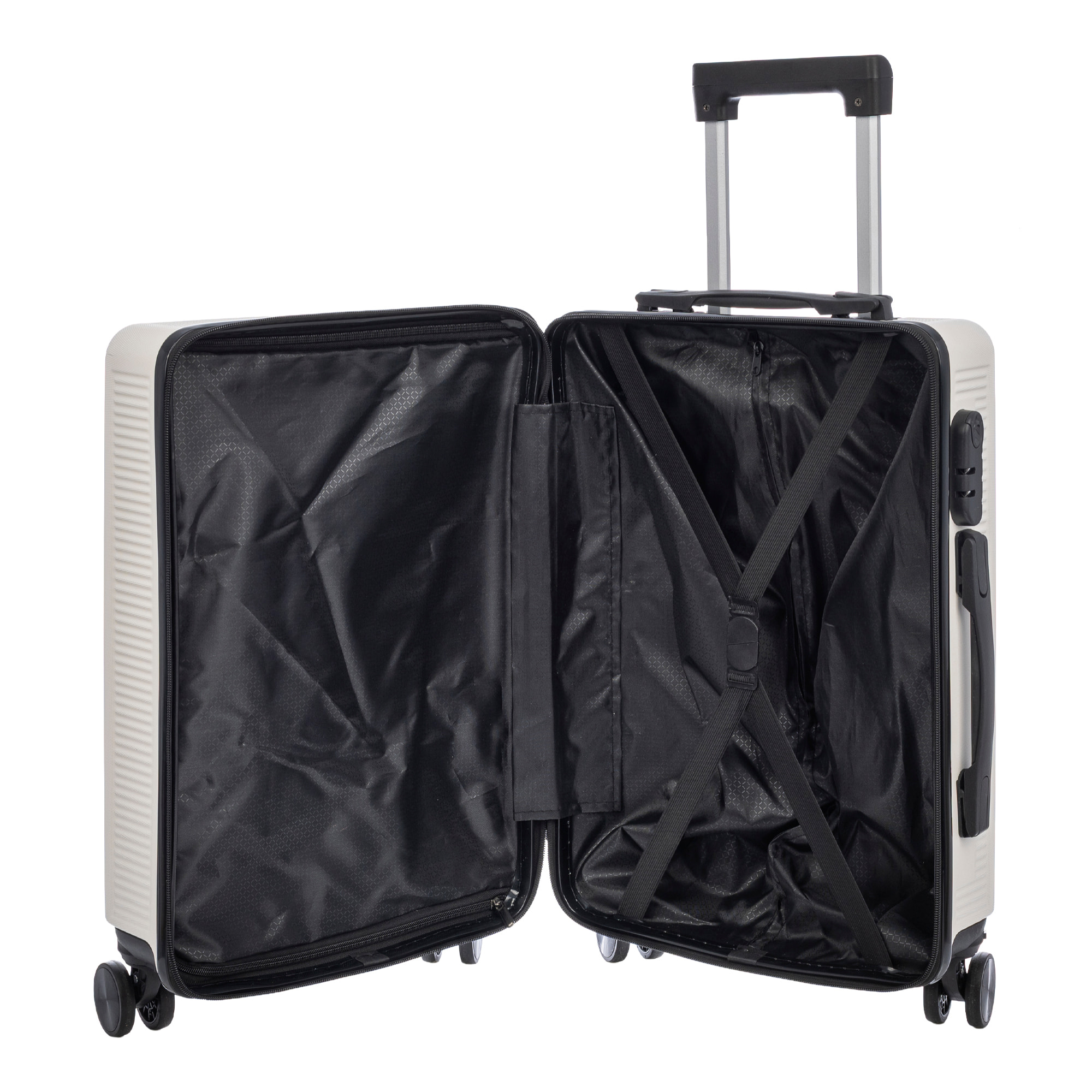 Set di 3 valigie Trolley, in materiale leggero ABS ad alta resistenza. Chiusura numerica e 4 ruote doppie rimovibili e girevoli a 360°.
