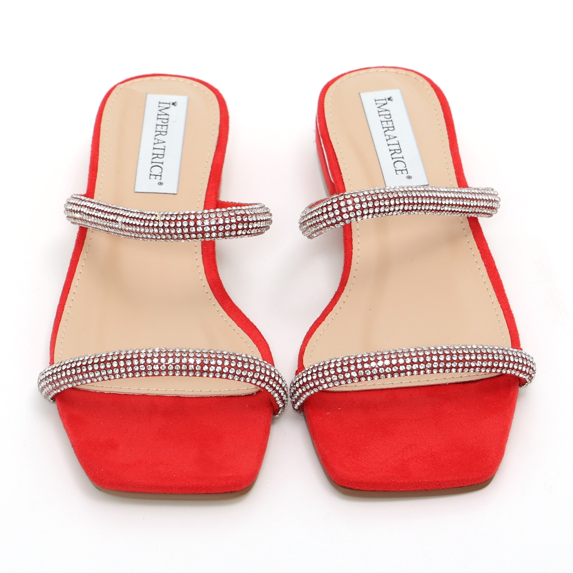 Sandali bassi in simil camoscio con fasce ricoperte di strass