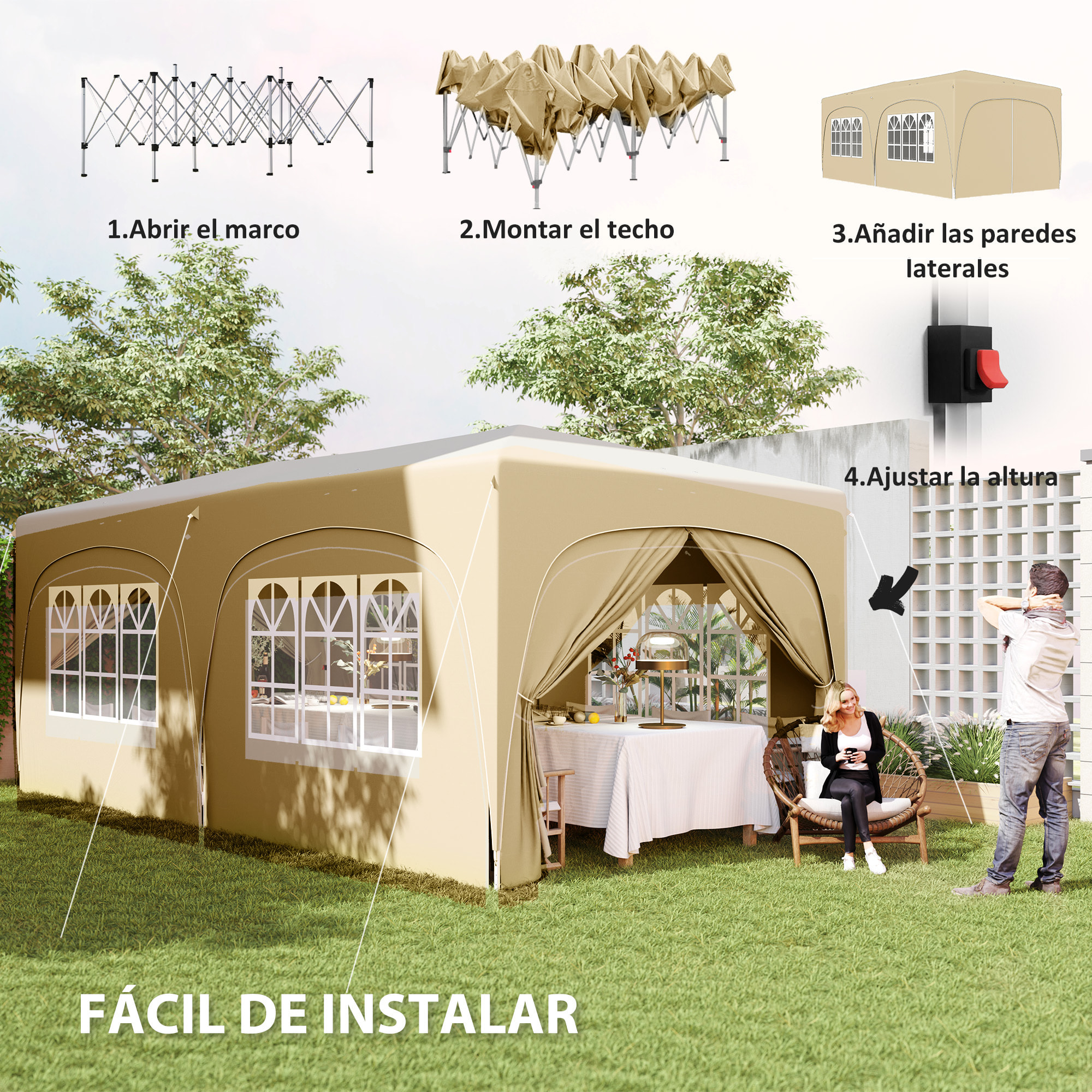 Carpa Plegable Gazebo 6x3 m Cenador Plegable con Altura Ajustable 6 Paredes Laterales Anti-UV y Bolsa de Transporte Pabellón de Jardín para Camping Fiestas