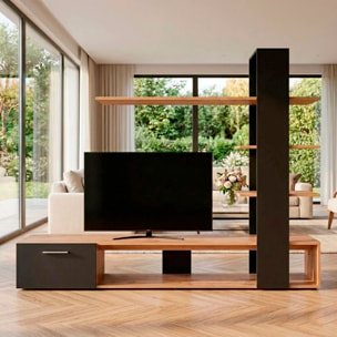 Parete Attrezzata Soggiorno Mobile Tv Ripiani Mensola Moderno Living Arredo Contemporaneo Contenitore Vani Salvaspazio 190x152x35 Cm Rovere E Nero