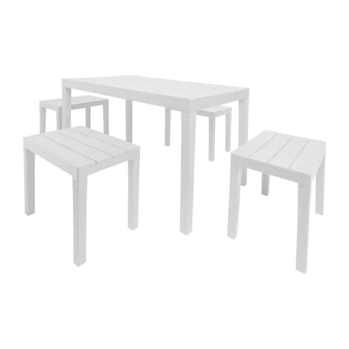 Set salotto da esterno Sanremo, Set da giardino con 1 tavolo rettangolare e 4 panchine, Set indoor e outdoor da Pic Nic, 100% Made in Italy, Bianco