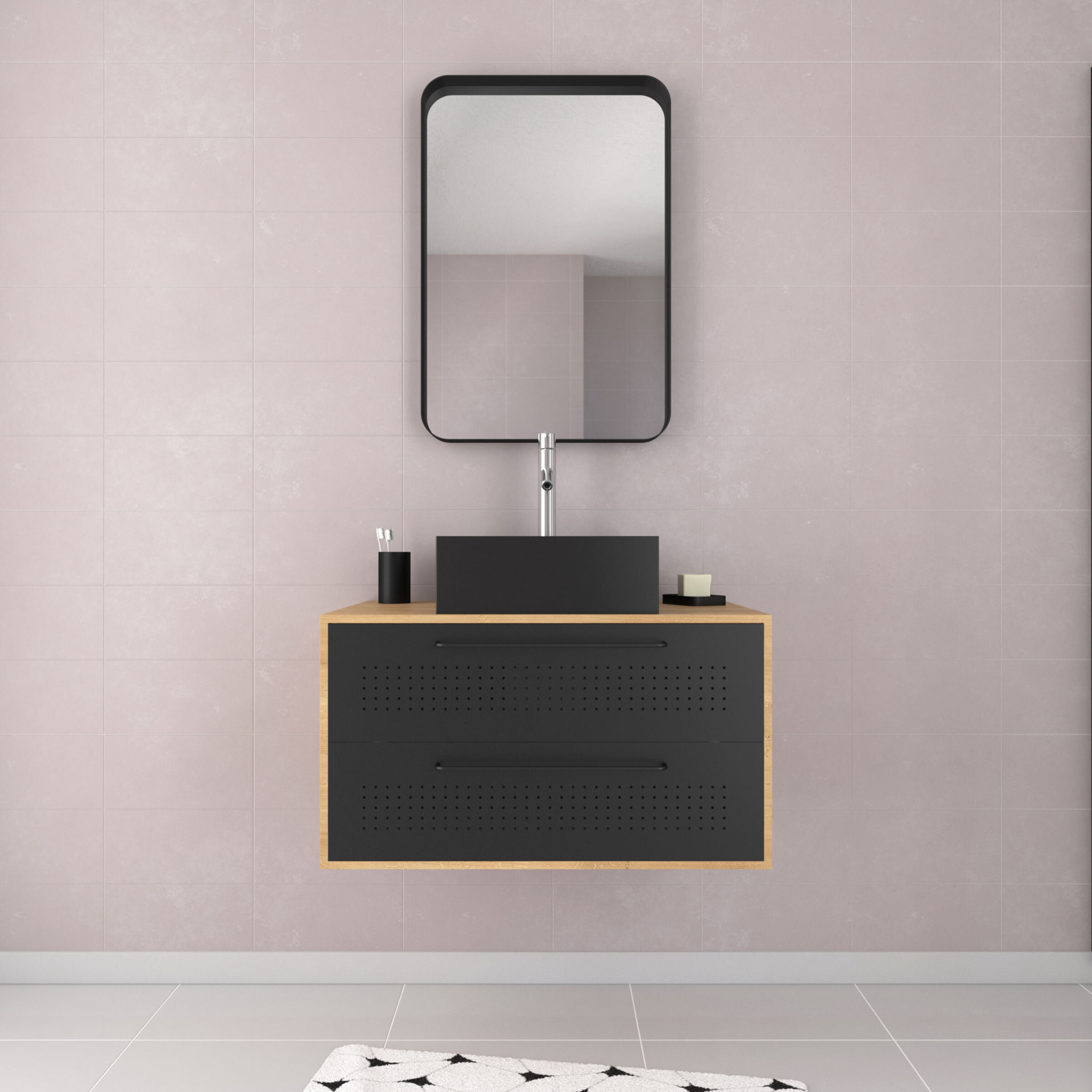 Meuble Salle de Bains 80 cm, Vasque Carrée et Miroir - Chêne naturel et Noir Mat - UBY
