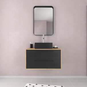 Meuble Salle de Bains 80 cm, Vasque Carrée et Miroir - Chêne naturel et Noir Mat - UBY